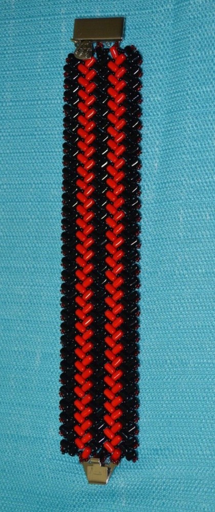 Red & Black Chevron Pattern Handmade Beaded Cuff Bracelet