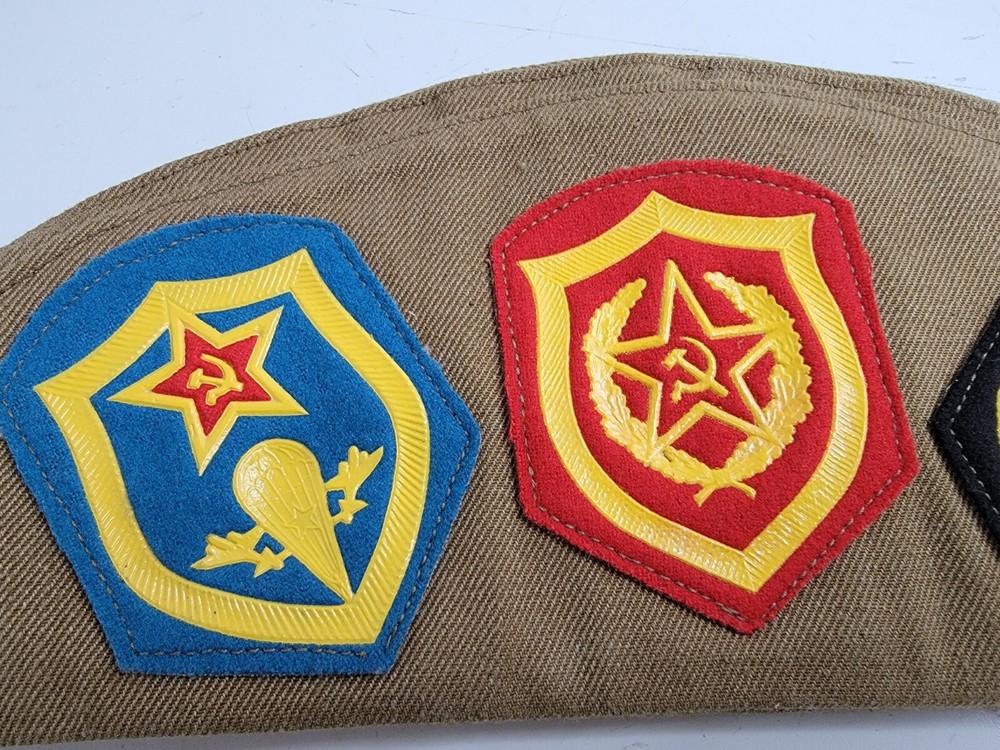 Russian Army Cap Brown w/ Three Patches No Pins Folding Hat Soviet