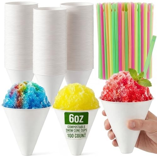 100 Pack 6oz Compostable Snow Cone Cups with Spoon Straws - Biodegradable & No-L