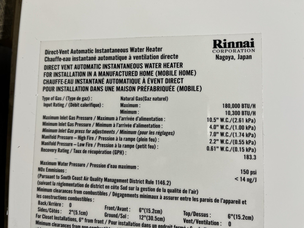 Rinnai V75iN Indoor Tankless Water Heater 180k BTU Natural Gas (B-13 #1596)