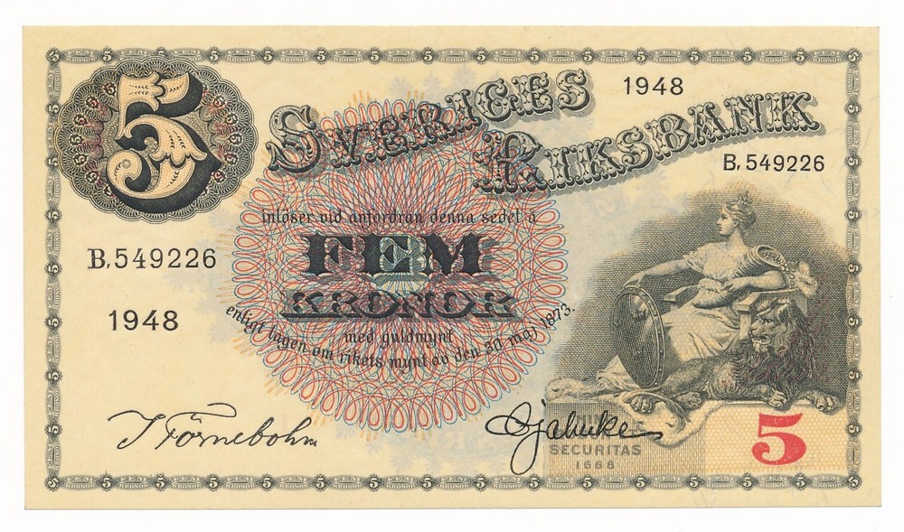 Sweden 5 Kronor 1948 P. 33 / 33ae Unc Note