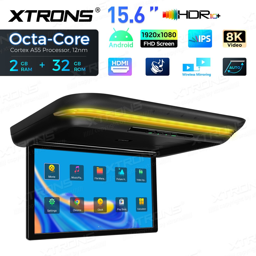 Android 15.6" Screen Car TV Overhead Player Octa Core Auto Flip Down HDMI WiFi