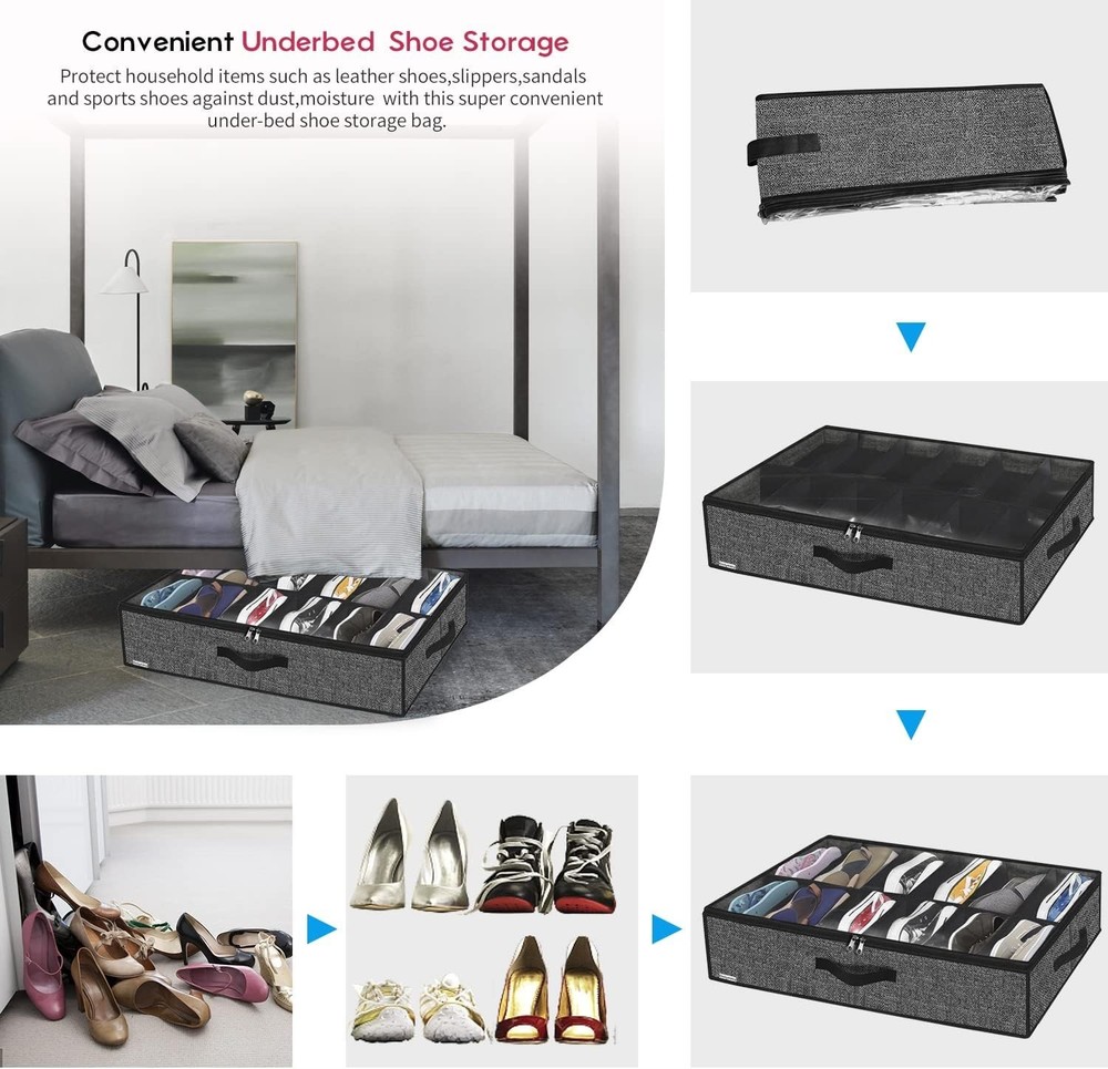 Durable and Foldable Under Bed Shoe Storage - 24 Pair Capacity with Clear View