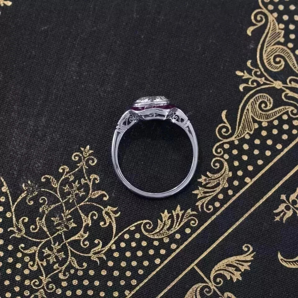 Art Deco Round Cut Lab Created Diamond Ruby 14k White Gold Finish Wedding Ring