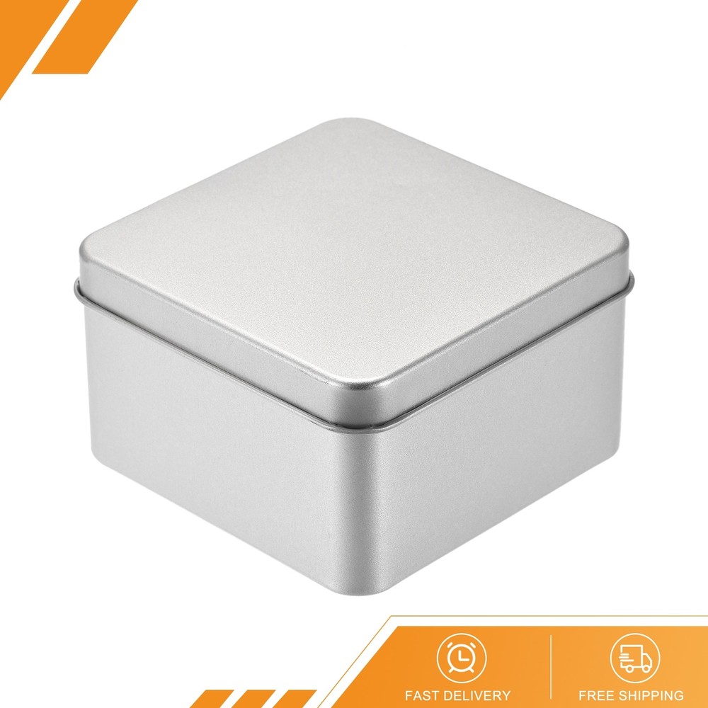 Metal Tin Box 3.66"x3.66"x2.17" Rectangular Empty Tinplate Containers Silver