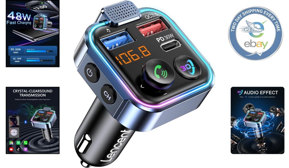 Multi-Function Bluetooth FM Transmitter with 3D Audio, USB Support & LED Design