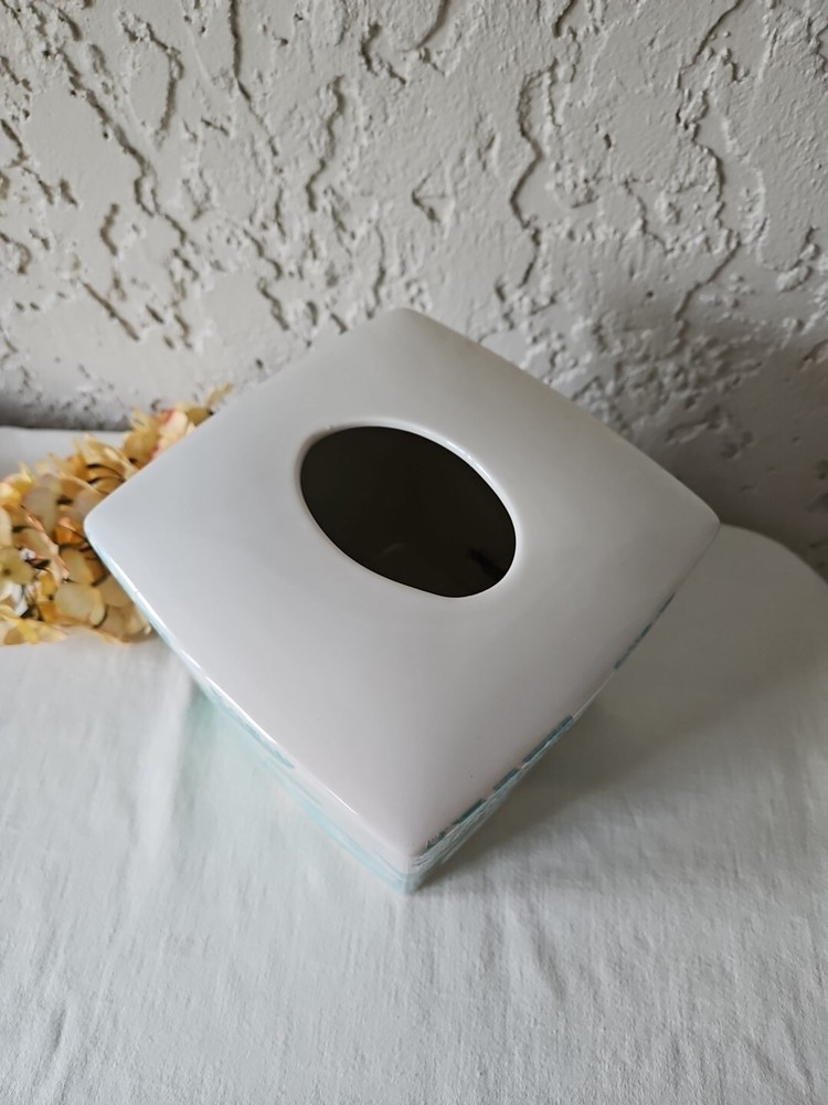 Ceramic Tissue Box Cover Beach House Seashell Crab Aqua White