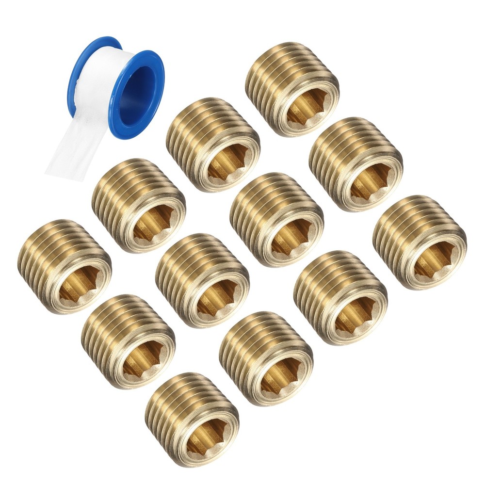 12Pcs 1/4 NPT Brass Pipe Plug Fitting, Male Thread Internal Hex Socket Pipe Cap