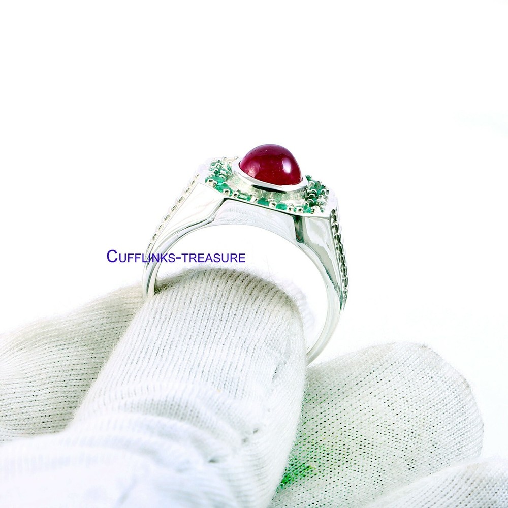 Natural Ruby & Emerald Gemstones with 925 Sterling Silver Ring For Men's #898