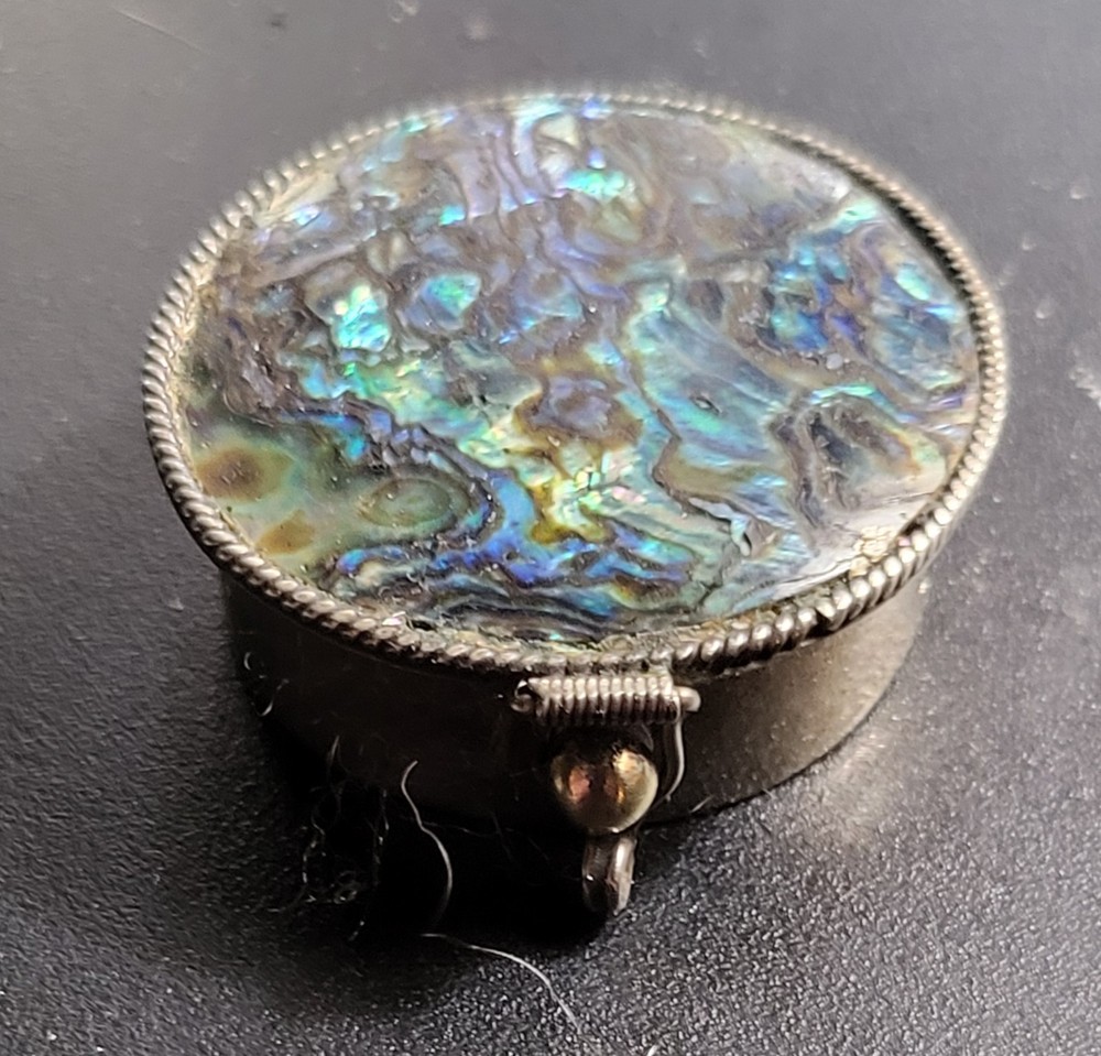 Sterling Silver and Abalone Pill Trinket Box 1 1/4"