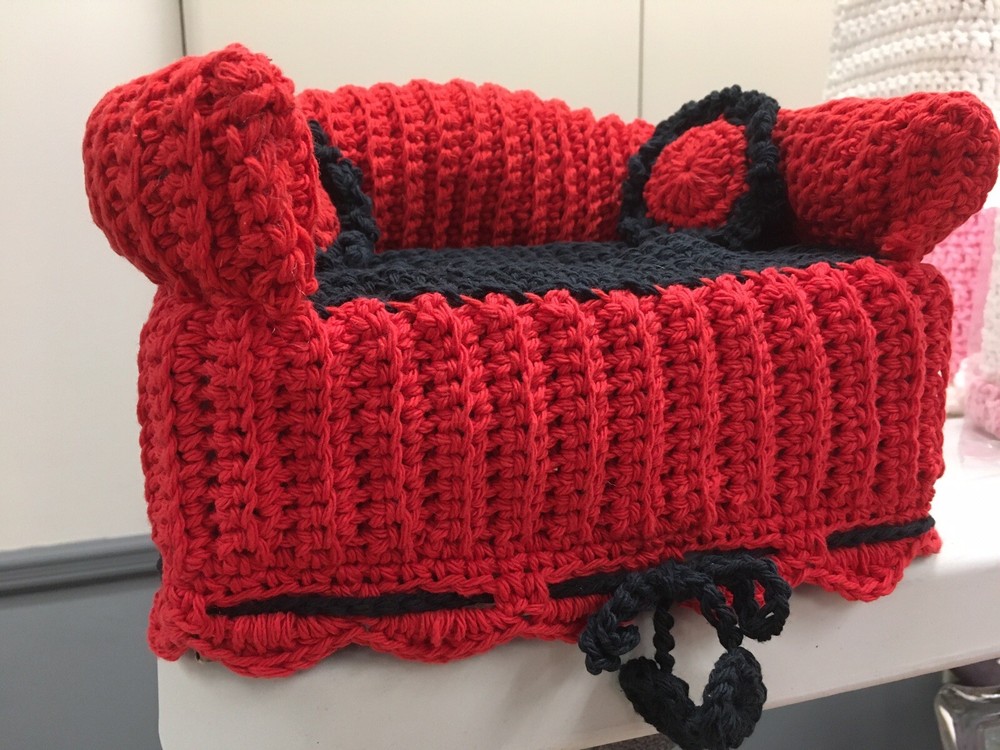 Sofa Style Tissue Box Cover Handmade Crochet - Red, Black