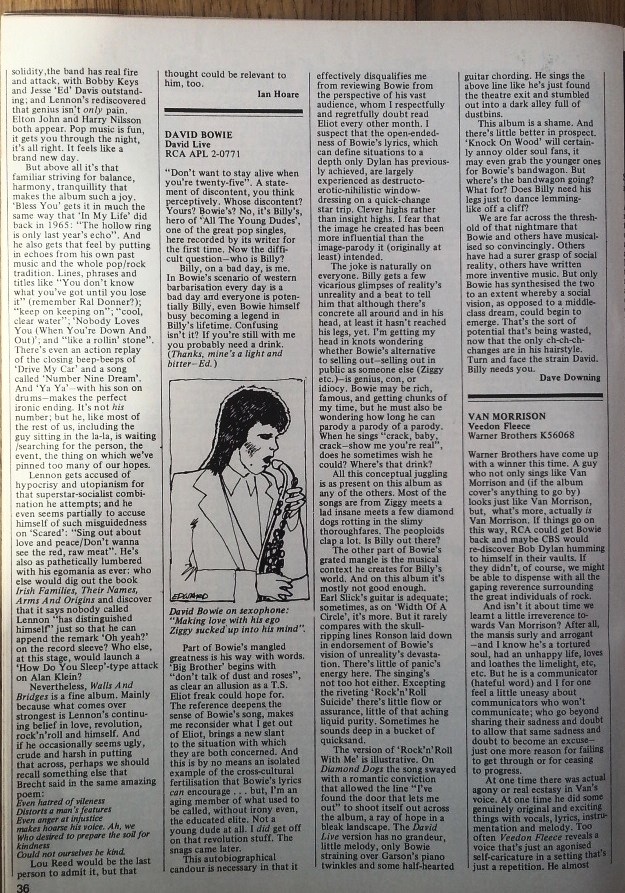 DAVID BOWIE 'David Live' review 1974 ARTICLE / clipping