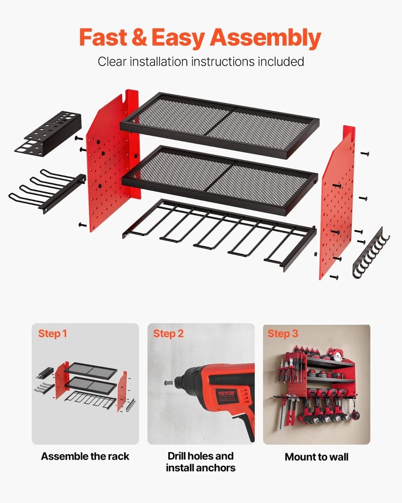 Power Tool Organizer Wall Mount, 3-Layer Storage Rack with 4 Drill Holders,