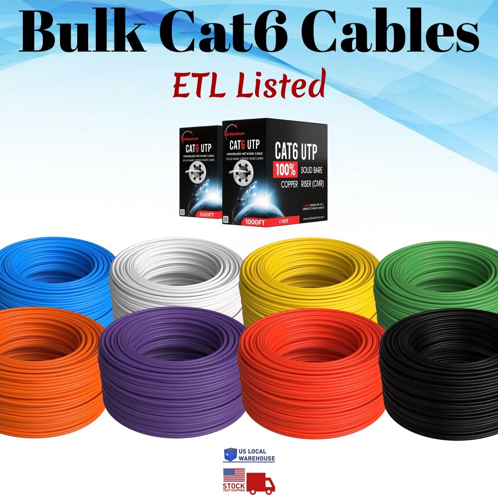 Bulk CAT6 ETL Rated Cable 1000ft 500ft Riser CMR Solid Bare Copper RJ45 Ethernet