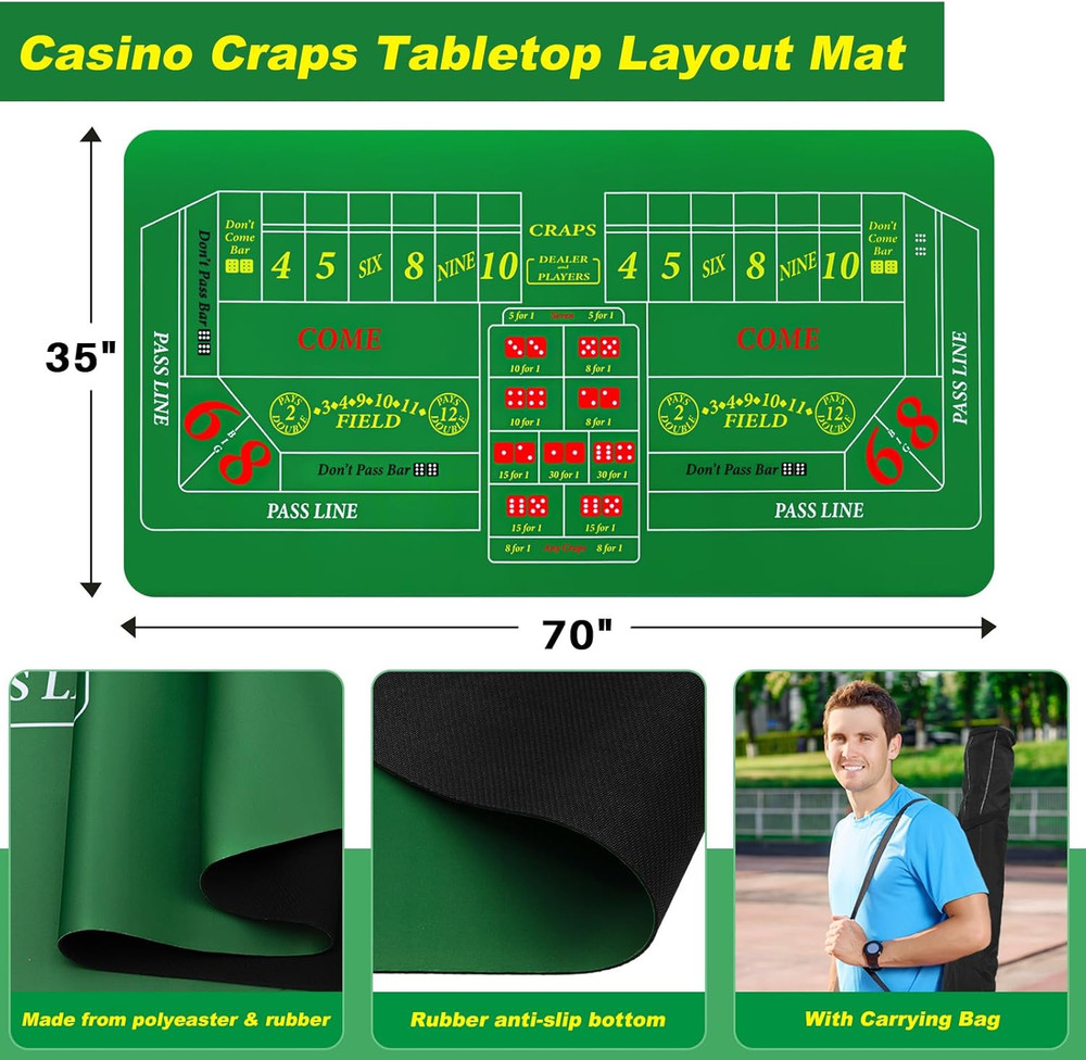 Craps Tabletop Game Set, Includes 35" X 70" Rubber Craps Tabletop Layout Mat, 36