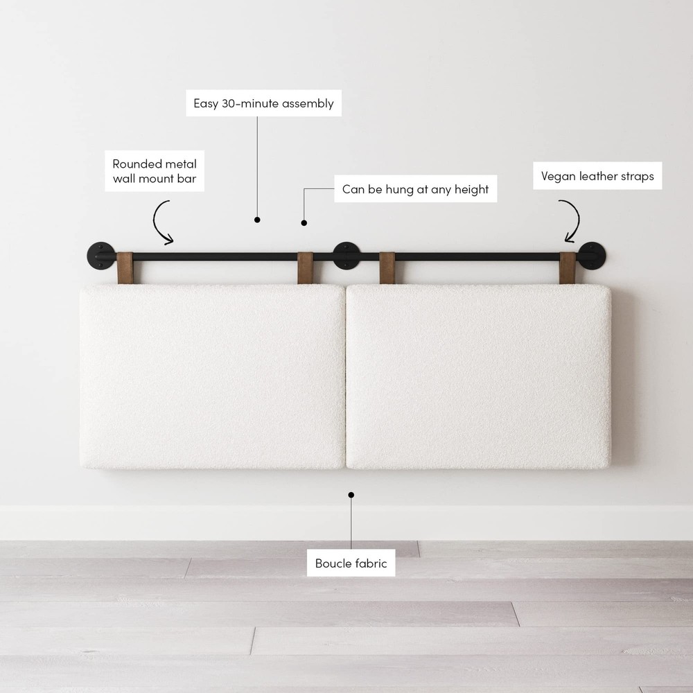 Nathan James Charlie Wall Mount Hanging Upholstered Headboard, Queen, White B...