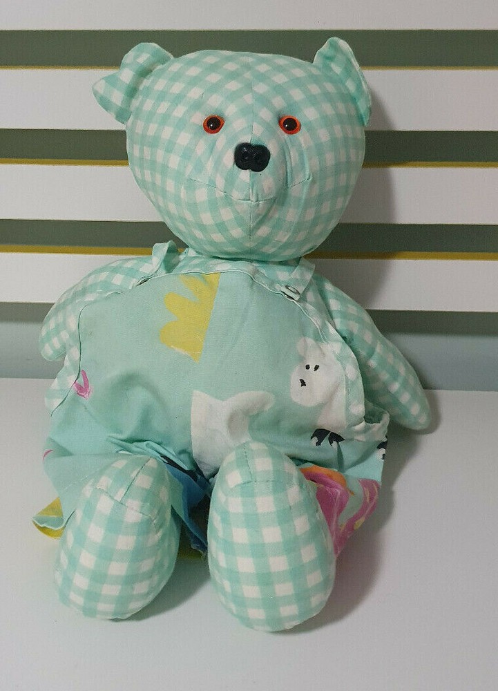 TREE HOUSE TEDDY BEAR TREEHOUSE BEAR AQUA SQUARE PATTERN CUTE AS OVERALLS 40CM