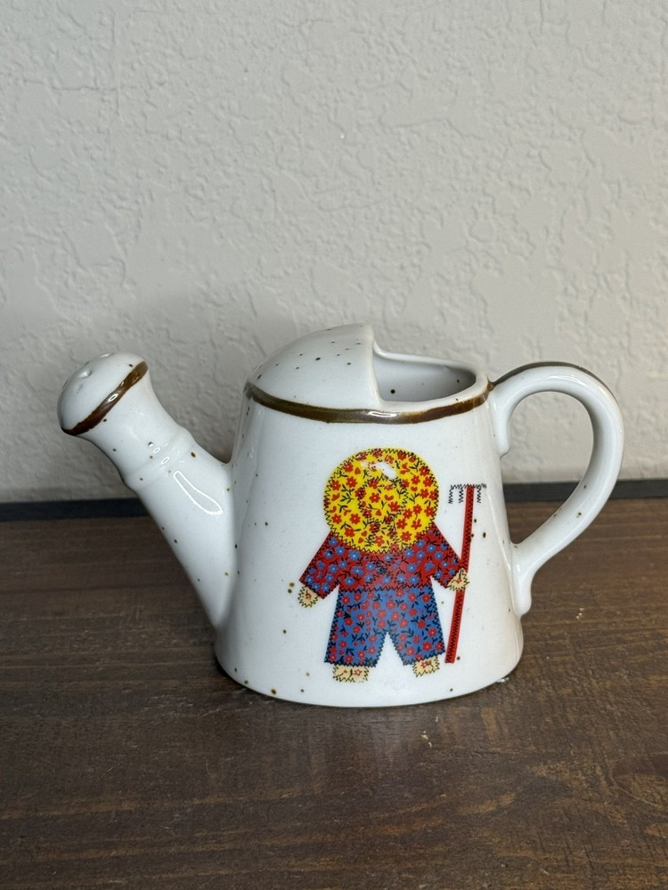 Tiny Vintage Ceramic Watering Can with Whimsical Character Farmer Design