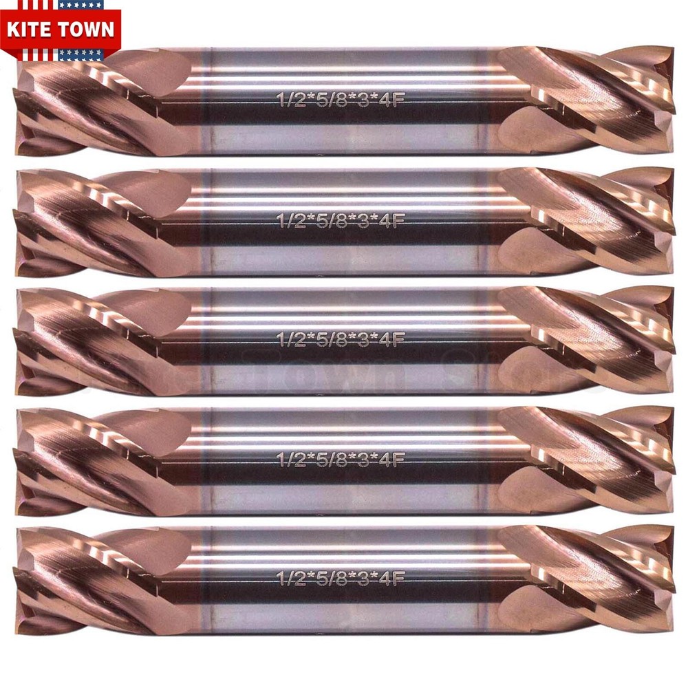 5Pcs 4 Flute 1/2" x 5/8" x 3" Double End Solid Carbide End Mills - TiSiN Coated