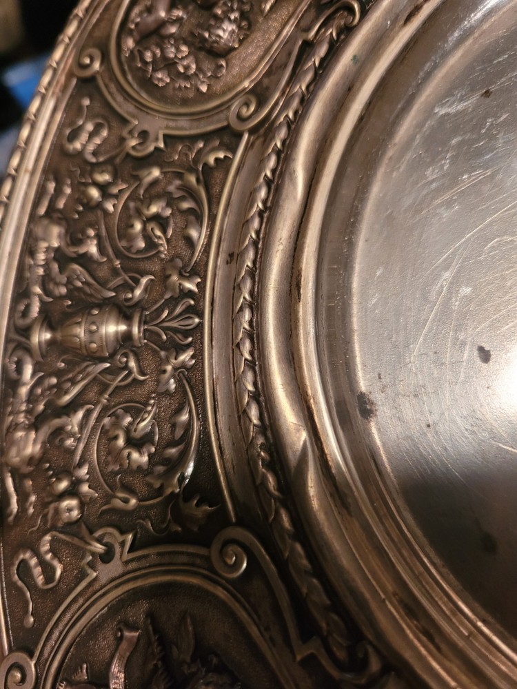 Solid 800M German Silver 10" Plate With Embossed Cherub Scenes. Gorgeous Plate!