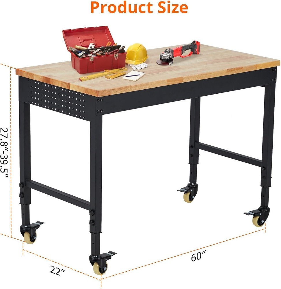 Adjustable 60"x22" Workbench &Power Strip,Workstation Rubber Wood Table,2000Lbs