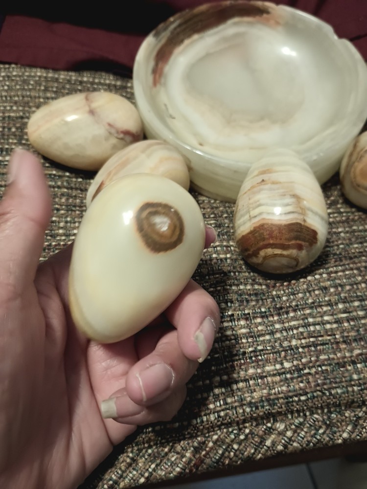 Onyx Marble Stone Five Eggs And Matching Dish Holder