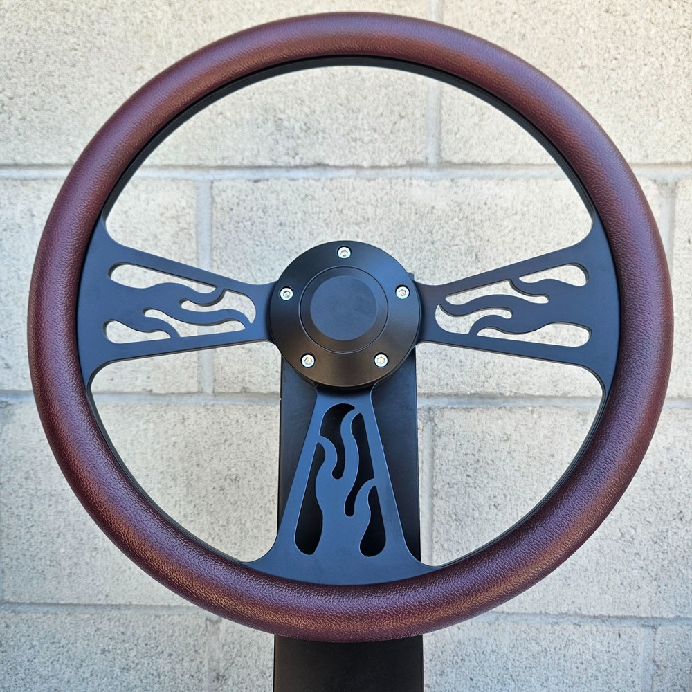 14" Black Flame Steering Wheel with Plum Wrap and Plain Horn Button