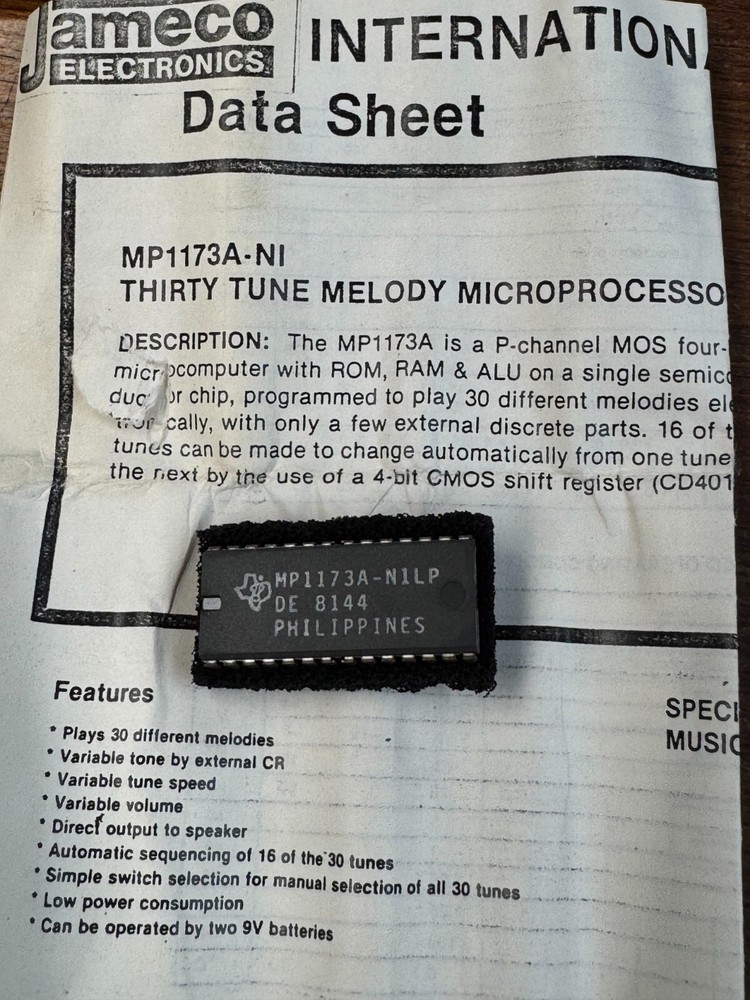 Texas Instruments MP1173A-NILP Vintage Thirty Tune Melody Microprocessor Vintage