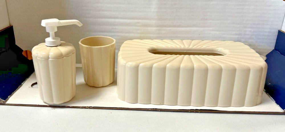 Vintage Tan Plastic Tissue Box Cover, Cup and Soap Dispenser