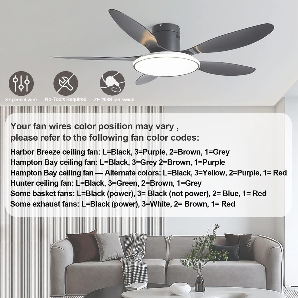 With 4 Pre-Installed Wires Ceiling Fan Switch, 3 Speed Fan Switch Compatible wit