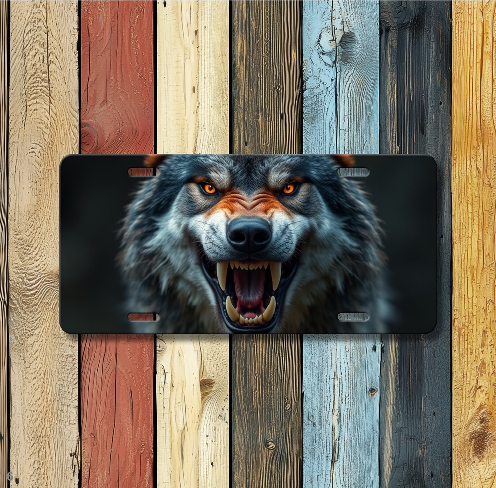 Realistic Wolf License Plate Snarling Design Add Text Front Bumper Plate Special