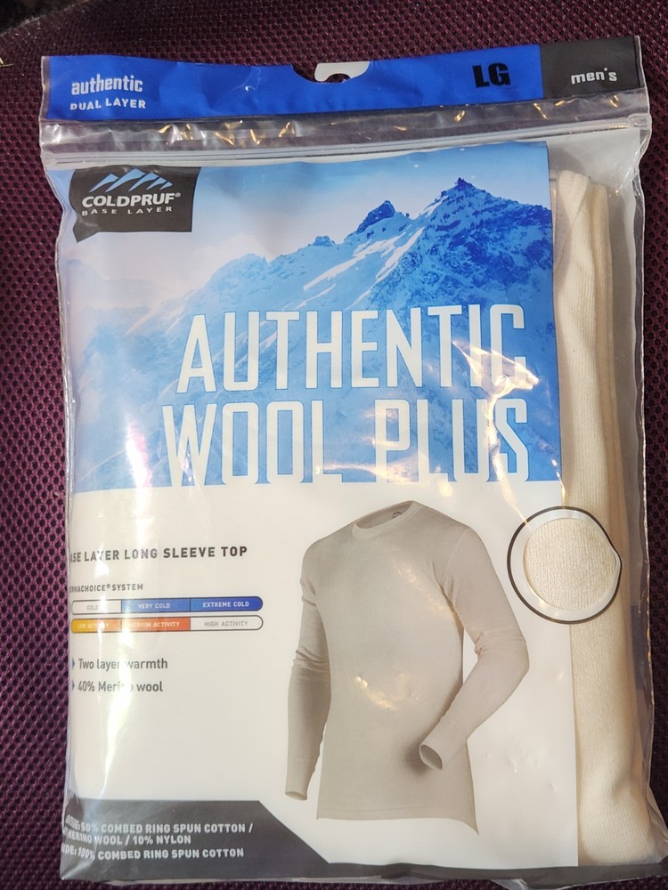 2-NEW ! Mens Large ColdPruf Authentic Wool Plus thermal top