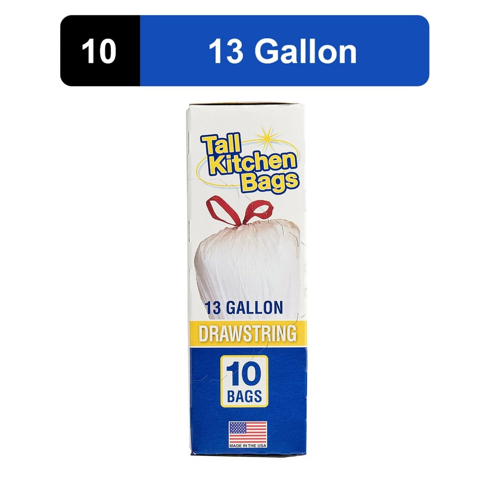 Basic Kitchen Trash Bags, 13 Gallon, 10 Bags (Drawstring)
