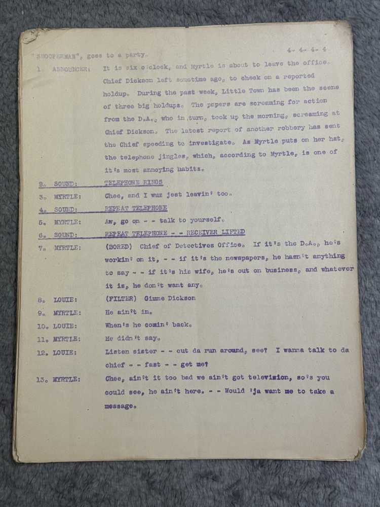 "SNOOPERMAN" by ED BRADY & HARVEY STEVENS Comedy/Mystery Script Radio Inscribed