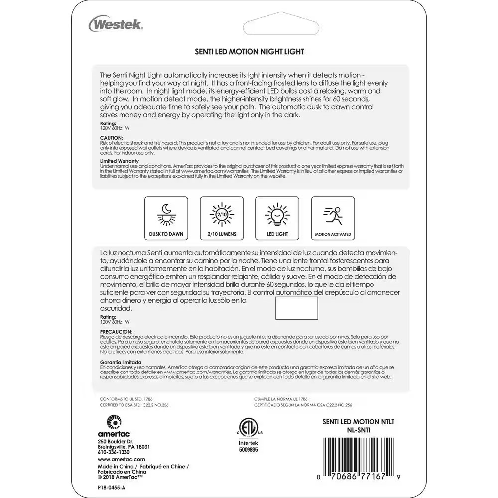 White Senti Motion Activated LED Night Light