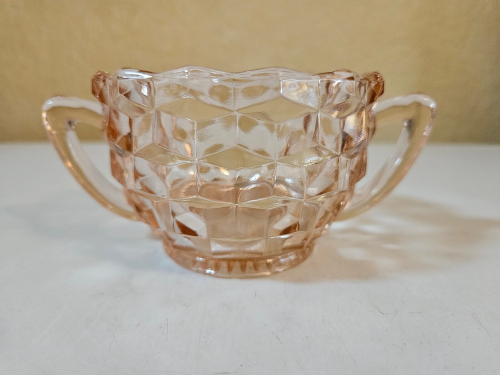 Depression Pink Jeannette Glass Open Sugar Bowl 2 Handles Cube  Pattern