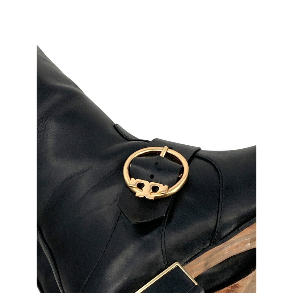 Tory Burch SOFIA BUCKLED Logo Knee High Riding Boot Flat Equestrian 7M Black