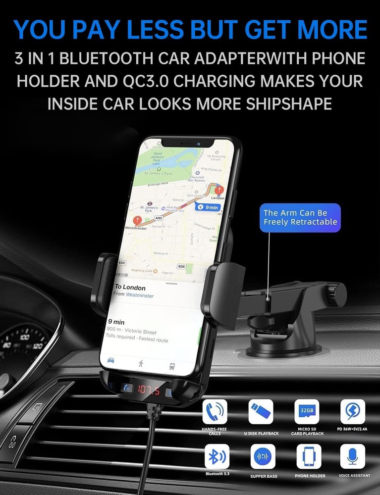 Bluetooth Car Adapter 3 in 1 FM Transmitter Car Radio Bluetooth Transmitter w...
