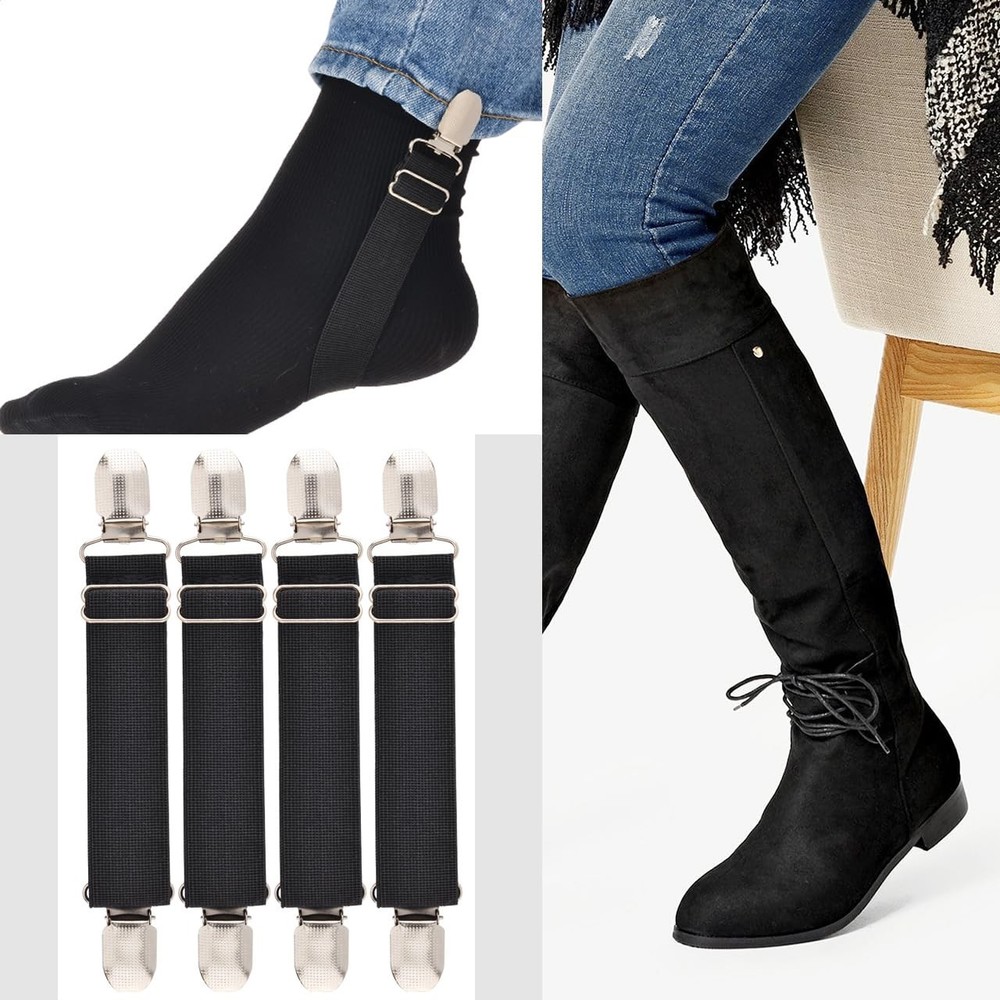 Cosmos 4 Pcs Adjustable Elastic Boot Straps Stirrup Pants Clips Black