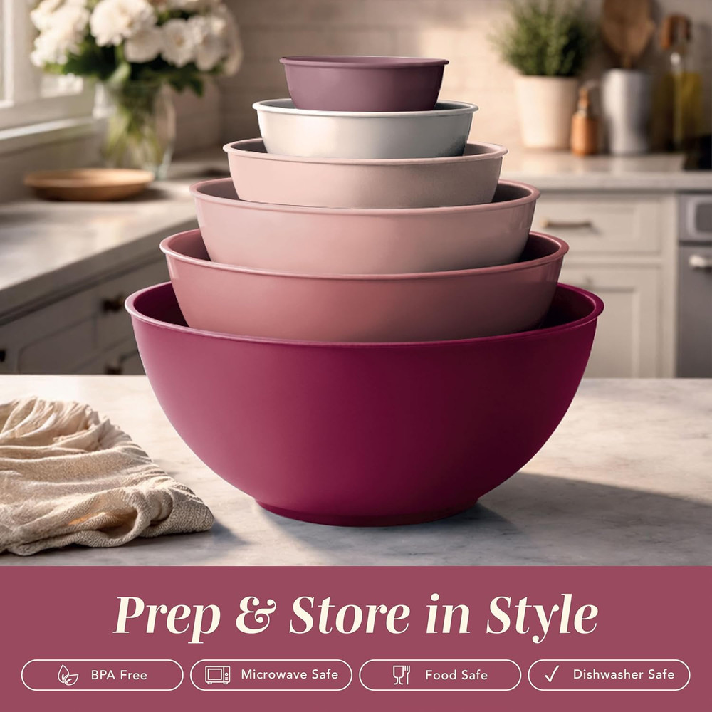 12-Piece Plastic Mixing Bowls Set with Lids, Microwave Safe, Nesting Design