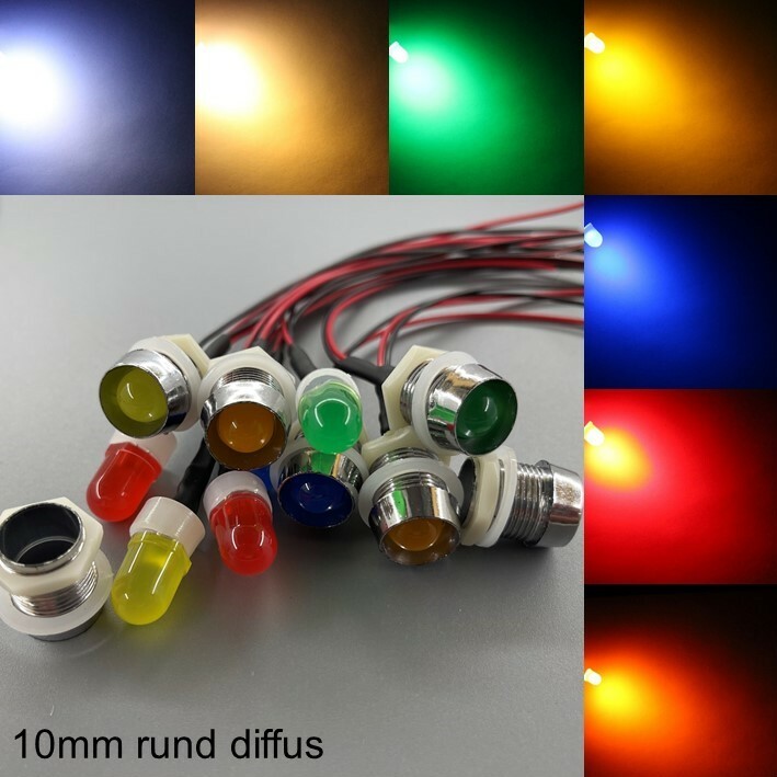 Wired 10mm LEDs Round Diffuse Sockets 10mm LED Resistors Screws