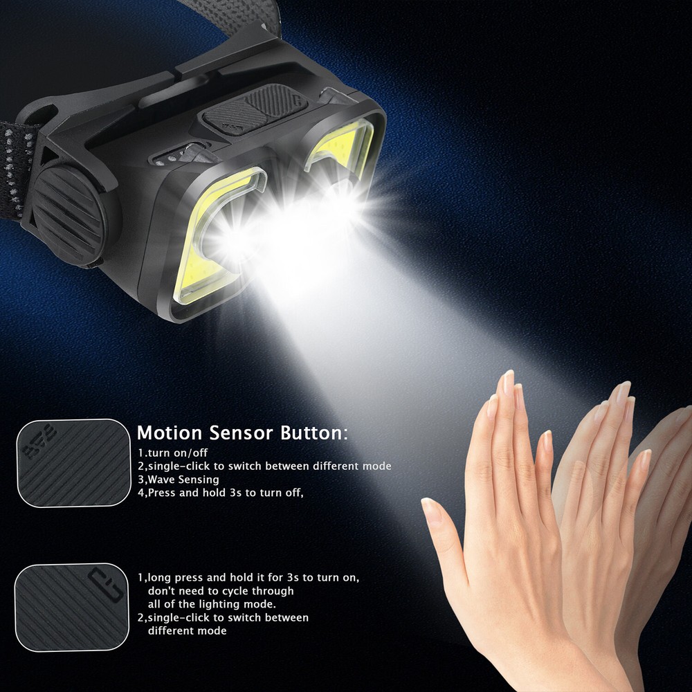 COB LED Headlamp Headlight Flashlight Torch USB Rechargeable Waterproof Sensor