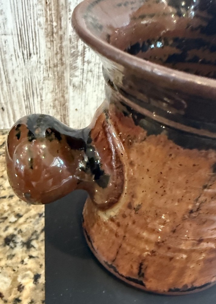 Handmade Pottery Pitcher, Brown/Rust Glaze, Knob Handle, Signed Rustic