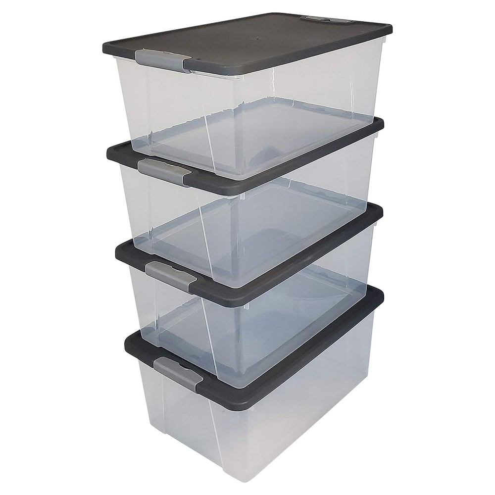 Homz 15 Qt Stackable Plastic Storage Container w/Snaplock Lid, Gray (4 Pack)