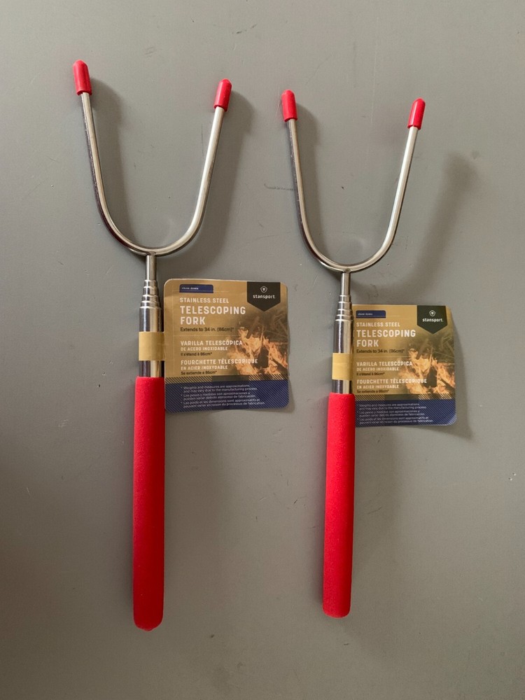 TWO STAINLESS STEEL BACKYARD CAMPFIRE ROASTING TELESCOPING FORKS Extends to 34"