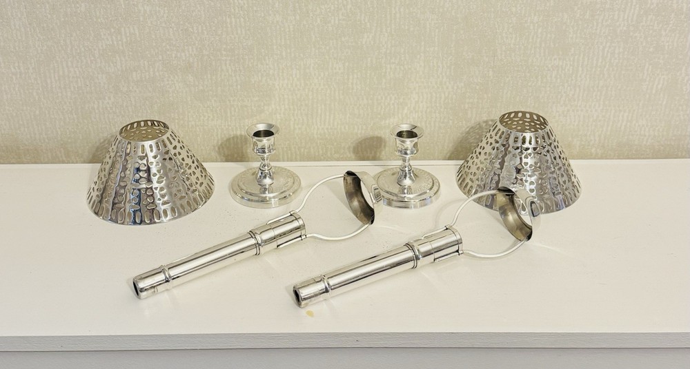 Vintage 2 Silverplate Springloaded Candlestick Holders With Silverplate Shades