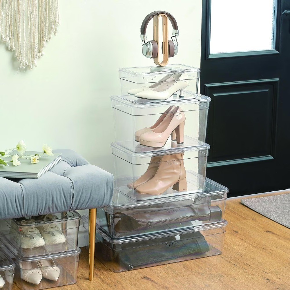 Clear Glossy Plastic Shoe Storage Box with Lid, Stackable Closet Organizer for