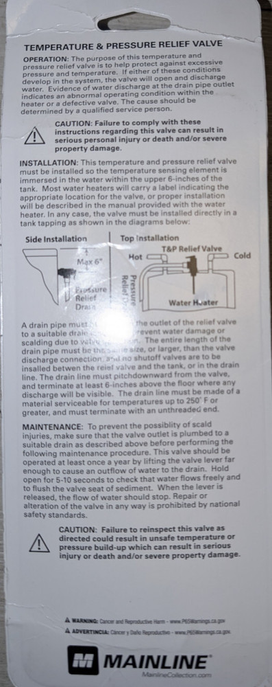 Mainline T&P Valve Relief Valve Short Shank ML6571B - NEW