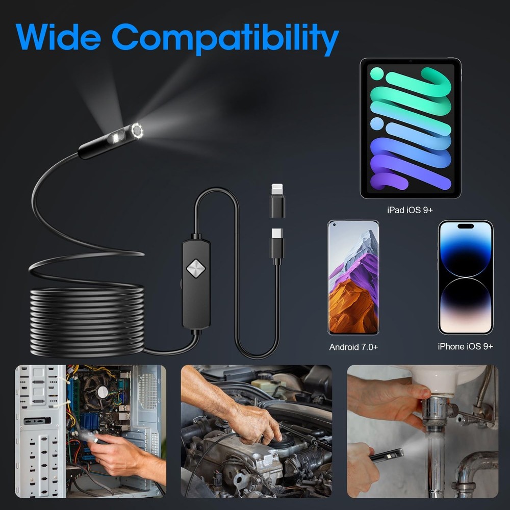 Endoscope with Light, 1920P HD Borescope 8 Adjustable LED 16.4FT, black