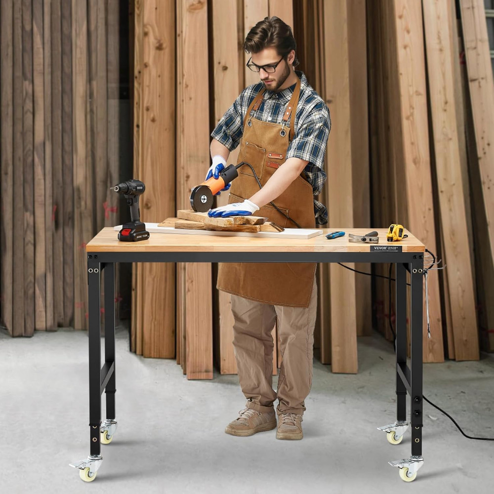Adjustable Workbench, 48-Inch Work Bench with Power Outlet, Wheels, and Pegboard
